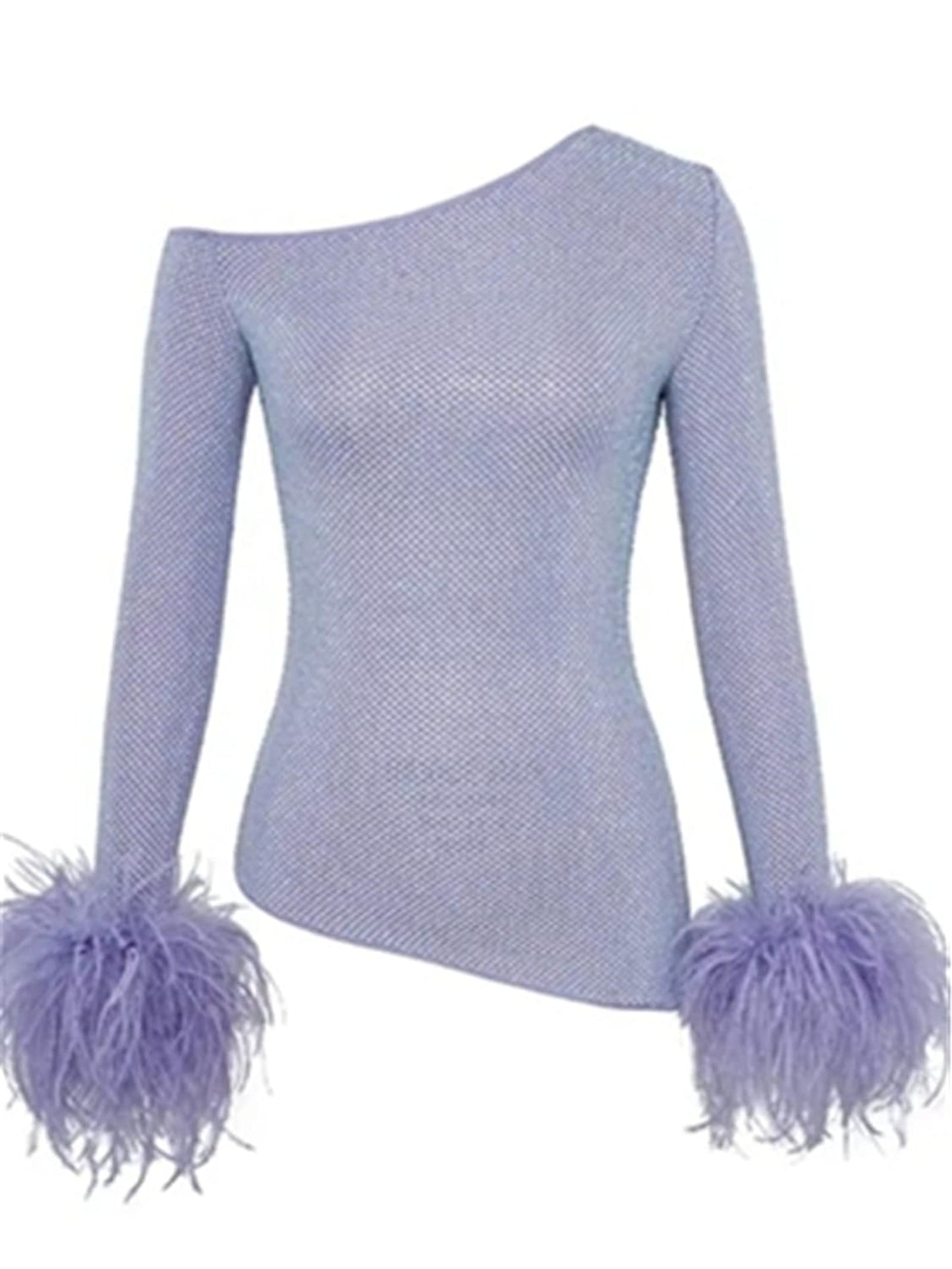 CE-11 Women's Shiny See-Through Top With Real Ostrich Feather Cuffs And Long Sleeves Rhinestone Crystal Cuffed Mesh Top Sexy Short Dress For Woman Asymmetry Shirt