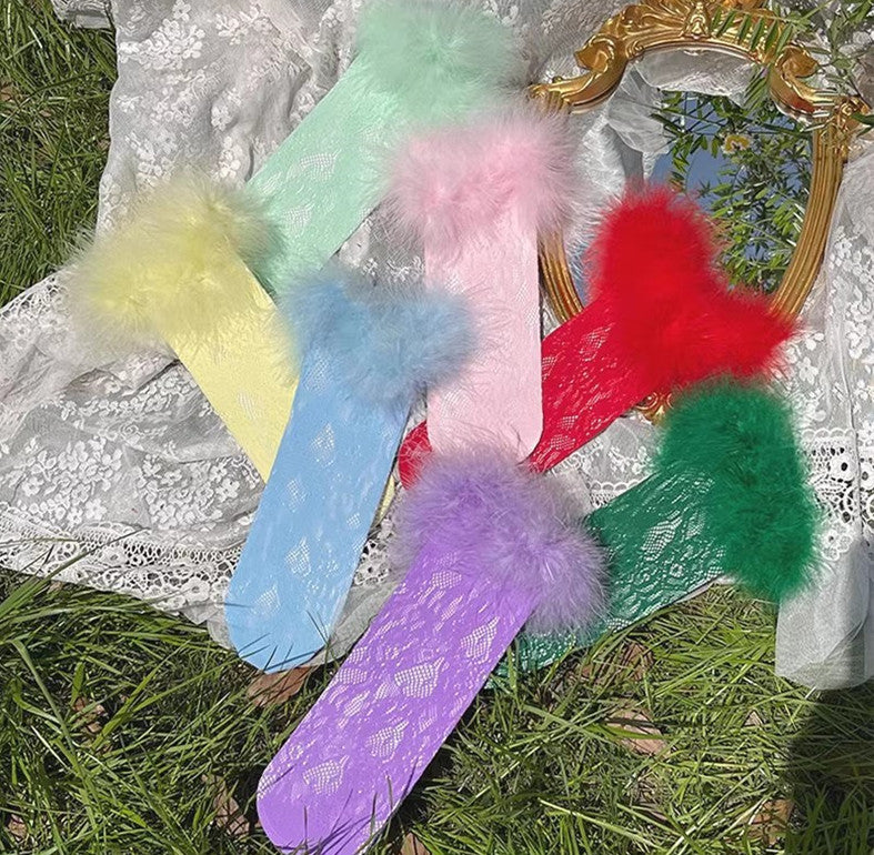 Women's Lace Length Socks With Fluffy Real Ostrich Feather Trim Colorful Sock