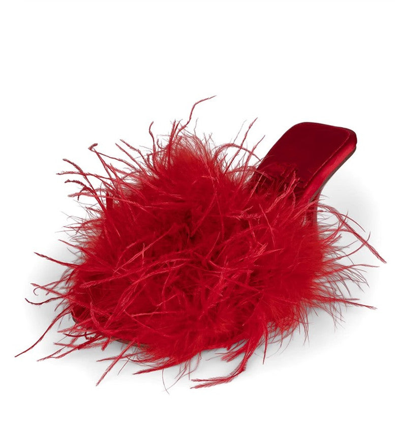 Women's High Heels Red Slippers With Fluffy Real Ostrich Feather Fashion Sandals