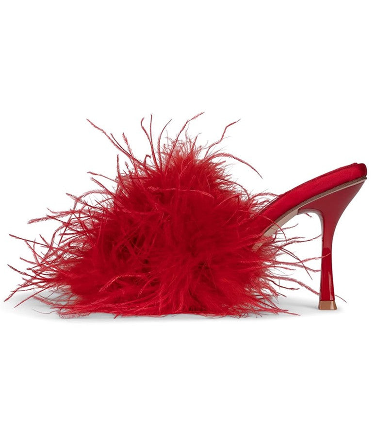 Women's High Heels Red Slippers With Fluffy Real Ostrich Feather Fashion Sandals