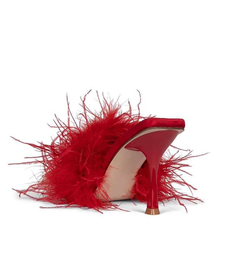 Women's High Heels Red Slippers With Fluffy Real Ostrich Feather Fashion Sandals