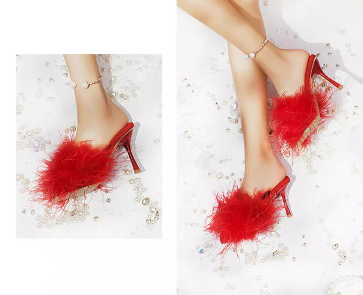 Women's High Heels Red Slippers With Fluffy Real Ostrich Feather Fashion Sandals