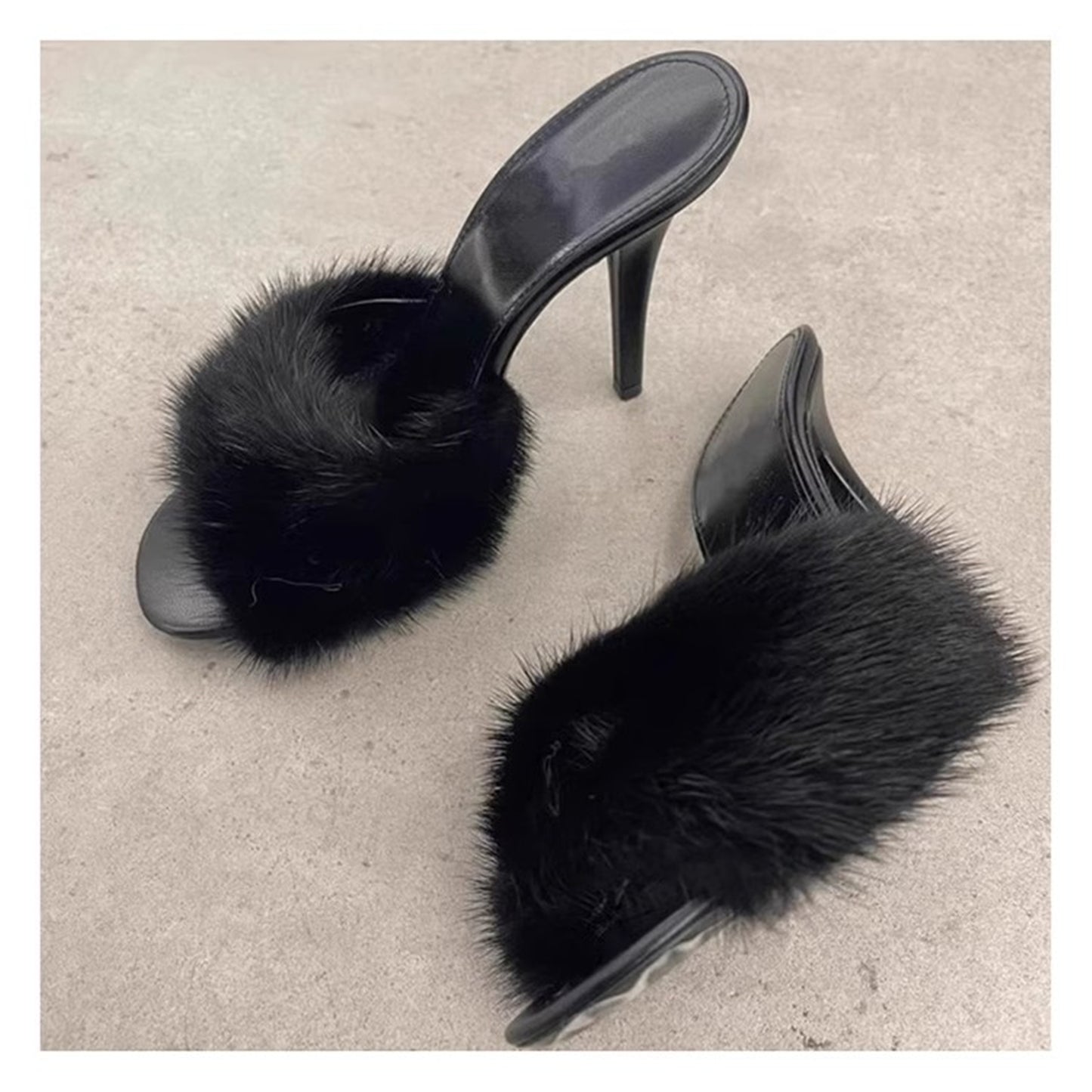 New High-Heeled Sandals Solid Color Matching Mink Fur Leather Fashion Heel Women's Slippers