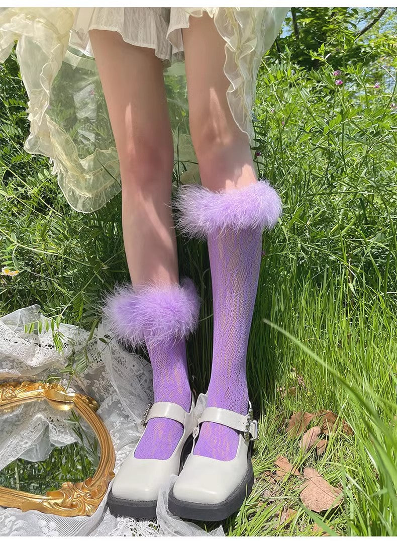 Women's Lace Length Socks With Fluffy Real Ostrich Feather Trim Colorful Sock