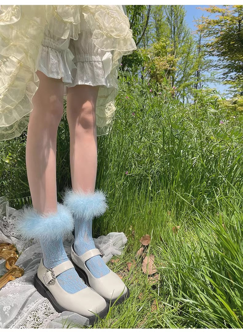 Women's Lace Length Socks With Fluffy Real Ostrich Feather Trim Colorful Sock