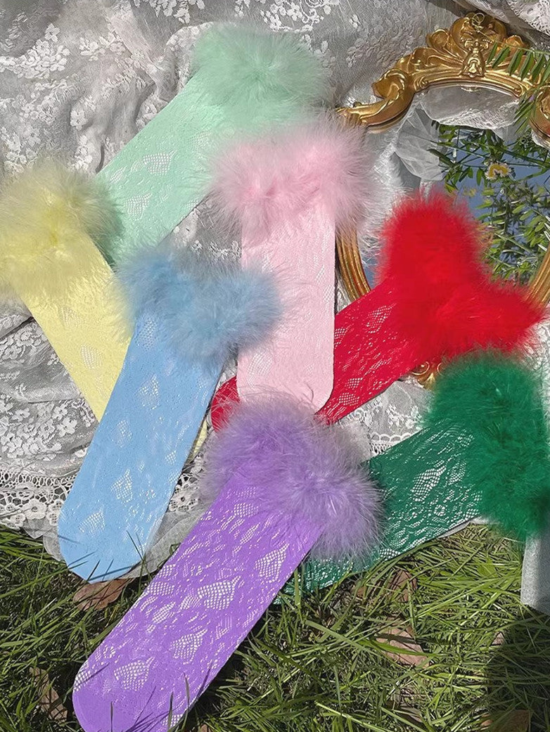 Women's Lace Length Socks With Fluffy Real Ostrich Feather Trim Colorful Sock
