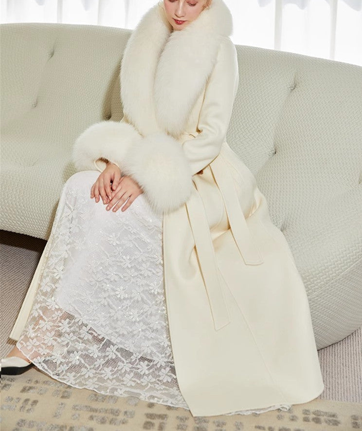Cashmere Long Coat With Real Fox Fur Big Collar And Big Cuffs And Belt For Women Comfortable Soft Wool Garment Long Jacket Fluffy Coats
