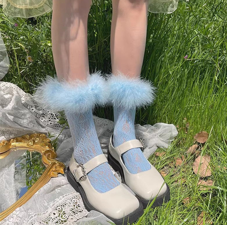 Women's Lace Length Socks With Fluffy Real Ostrich Feather Trim Colorful Sock
