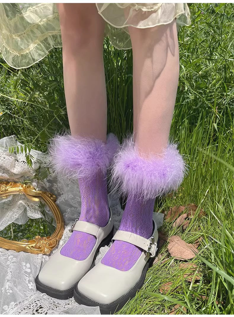 Women's Lace Length Socks With Fluffy Real Ostrich Feather Trim Colorful Sock