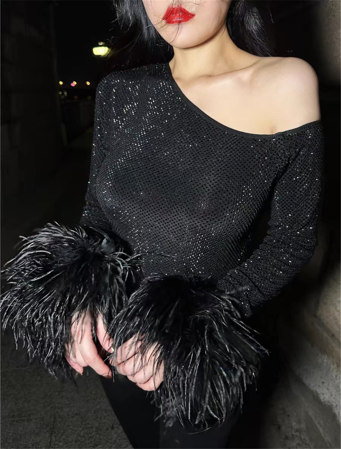 CE-11 Women's Shiny See-Through Top With Real Ostrich Feather Cuffs And Long Sleeves Rhinestone Crystal Cuffed Mesh Top Sexy Short Dress For Woman Asymmetry Shirt