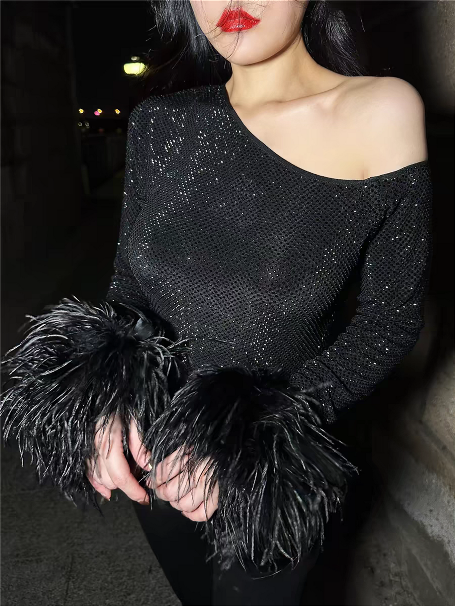 CE-11 Women's Shiny See-Through Top With Real Ostrich Feather Cuffs And Long Sleeves Rhinestone Crystal Cuffed Mesh Top Sexy Short Dress For Woman Asymmetry Shirt