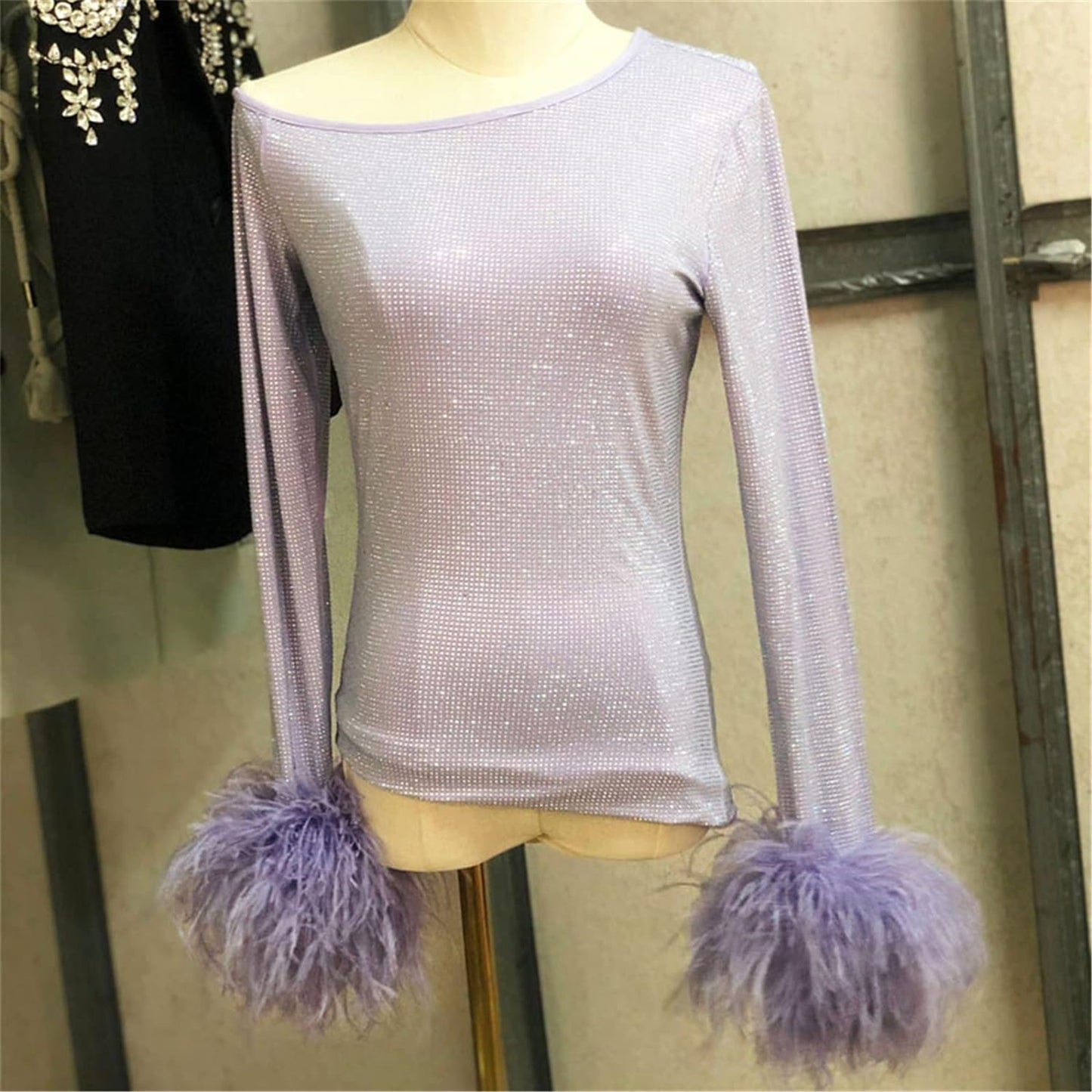 CE-11 Women's Shiny See-Through Top With Real Ostrich Feather Cuffs And Long Sleeves Rhinestone Crystal Cuffed Mesh Top Sexy Short Dress For Woman Asymmetry Shirt