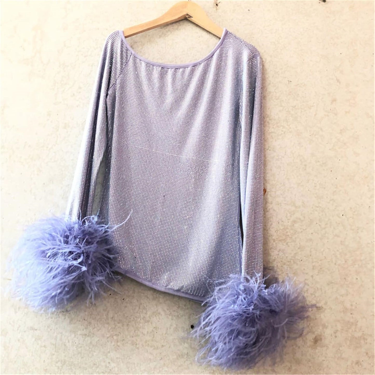 CE-11 Women's Shiny See-Through Top With Real Ostrich Feather Cuffs And Long Sleeves Rhinestone Crystal Cuffed Mesh Top Sexy Short Dress For Woman Asymmetry Shirt
