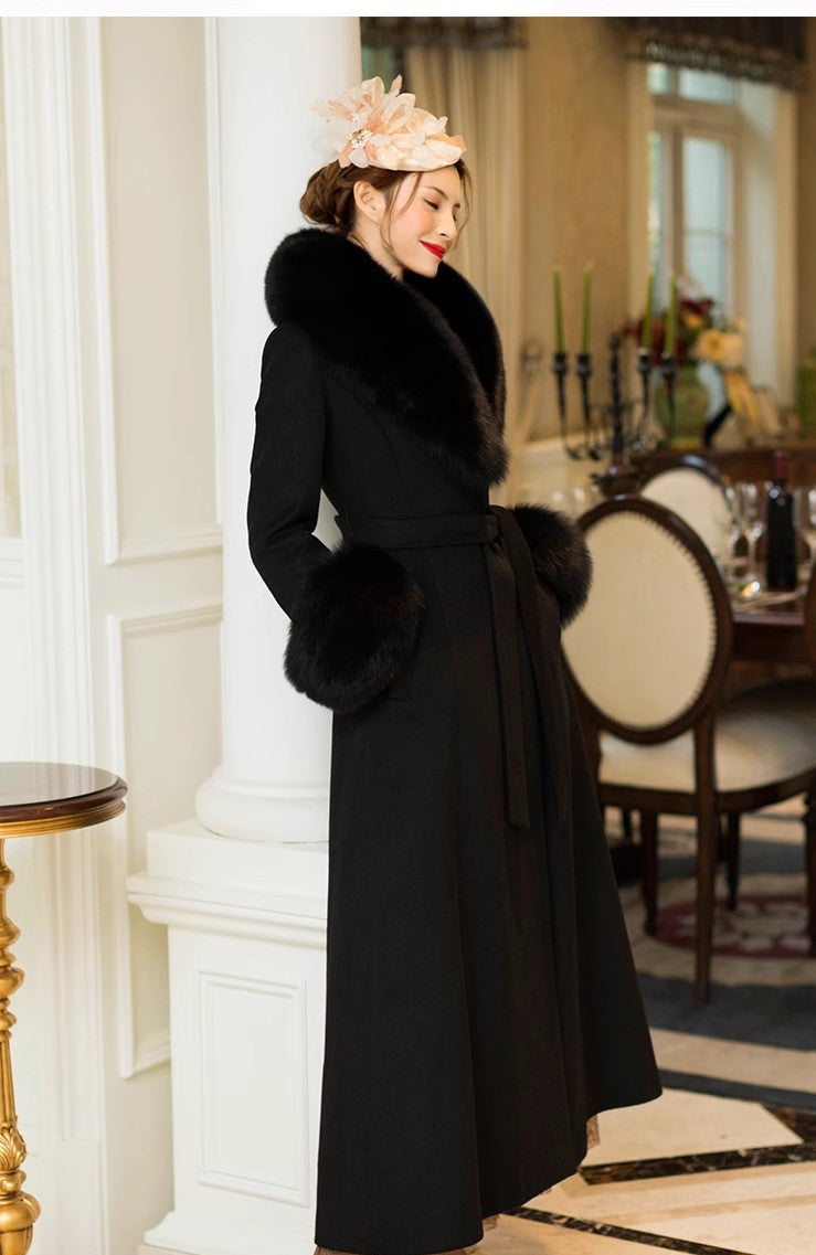 Cashmere Long Coat With Real Fox Fur Big Collar And Big Cuffs And Belt For Women Comfortable Soft Wool Garment Long Jacket Fluffy Coats