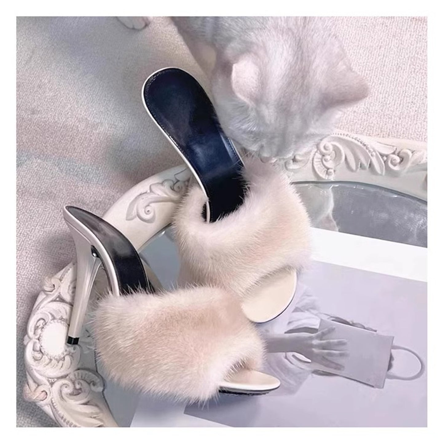 New High-Heeled Sandals Solid Color Matching Mink Fur Leather Fashion Heel Women's Slippers