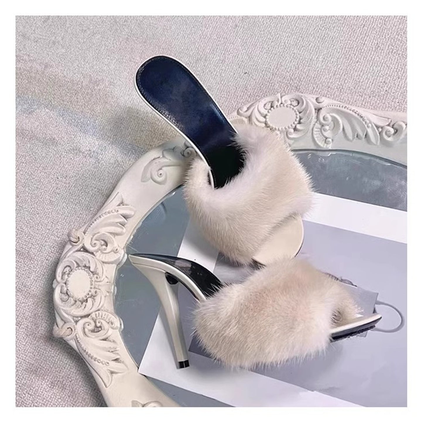New High-Heeled Sandals Solid Color Matching Mink Fur Leather Fashion Heel Women's Slippers