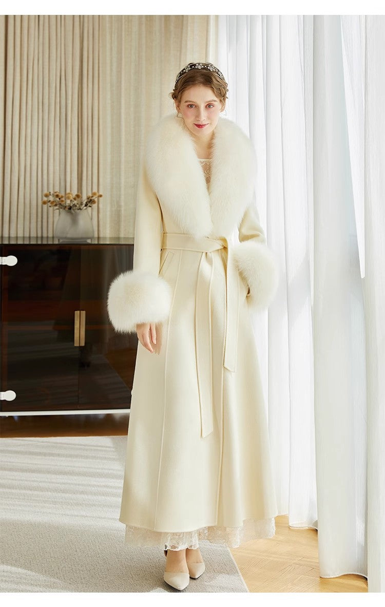 Cashmere Long Coat With Real Fox Fur Big Collar And Big Cuffs And Belt For Women Comfortable Soft Wool Garment Long Jacket Fluffy Coats