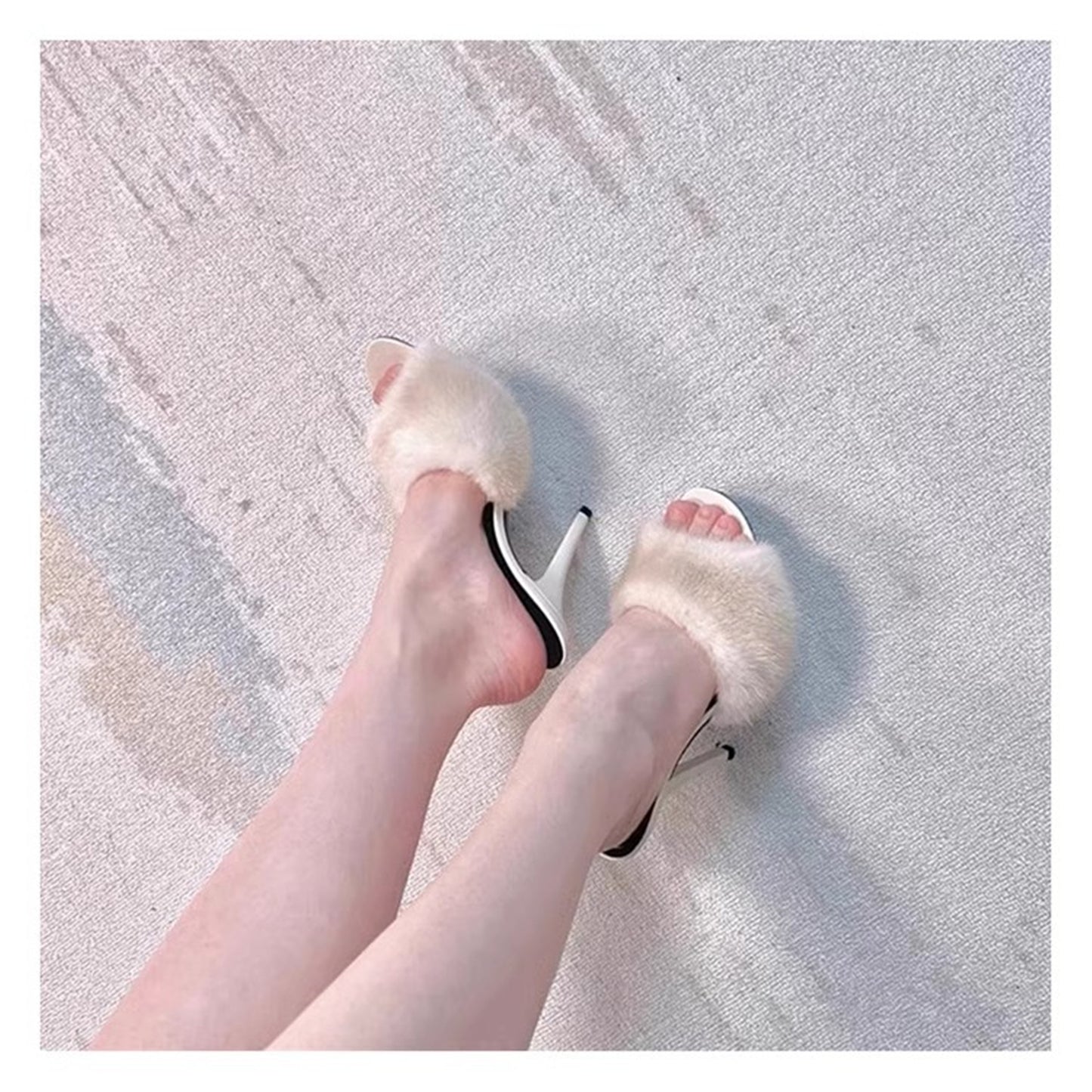 New High-Heeled Sandals Solid Color Matching Mink Fur Leather Fashion Heel Women's Slippers