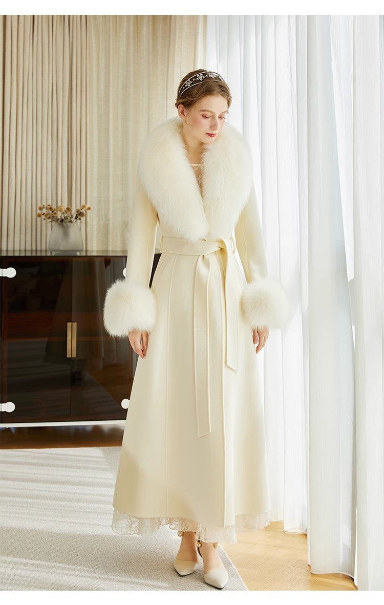 Cashmere Long Coat With Real Fox Fur Big Collar And Big Cuffs And Belt For Women Comfortable Soft Wool Garment Long Jacket Fluffy Coats
