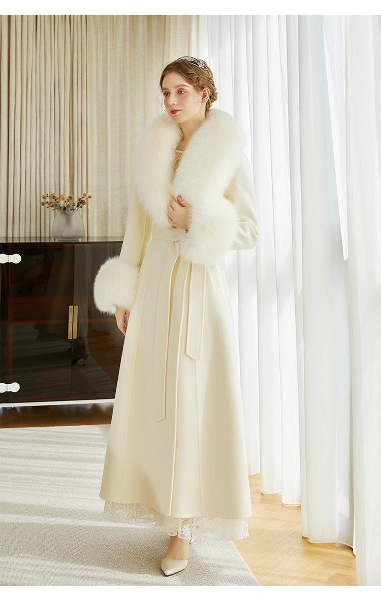 Cashmere Long Coat With Real Fox Fur Big Collar And Big Cuffs And Belt For Women Comfortable Soft Wool Garment Long Jacket Fluffy Coats