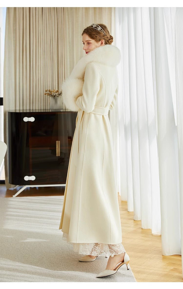 Cashmere Long Coat With Real Fox Fur Big Collar And Big Cuffs And Belt For Women Comfortable Soft Wool Garment Long Jacket Fluffy Coats