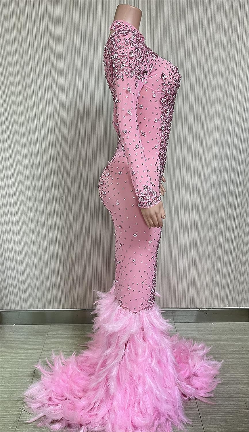 FURINFASHION HU-07 Women‘s Long Pink Dresses With Sparking Diamonds Rhinestones And Real Ostrich Fur Trim Hem Long Sleeve Sexy Dress