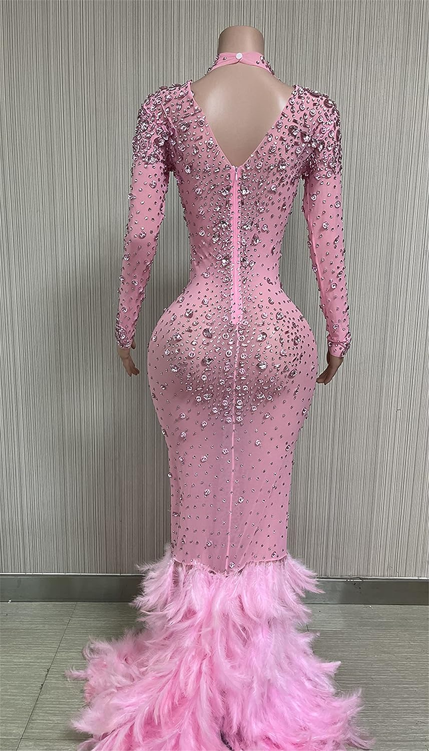FURINFASHION HU-07 Women‘s Long Pink Dresses With Sparking Diamonds Rhinestones And Real Ostrich Fur Trim Hem Long Sleeve Sexy Dress