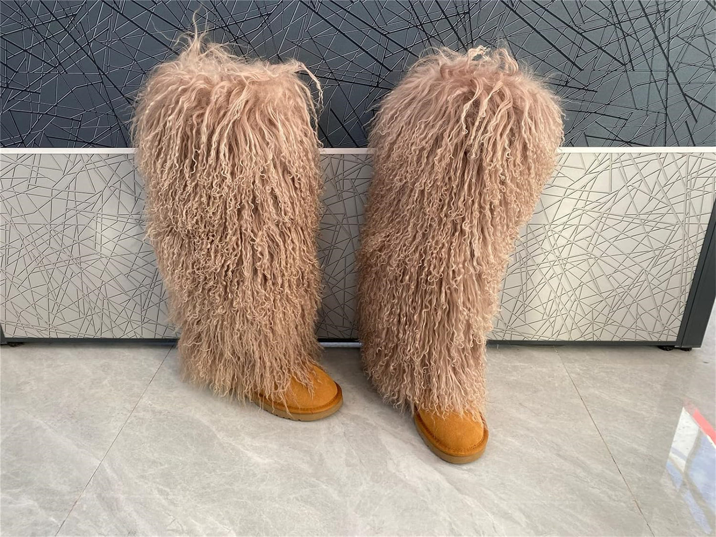 Women's Fluffy Real Mongolian Sheep Fur Boots Over Knee Boot With Wool Lining Multiple Colors Snow Boots