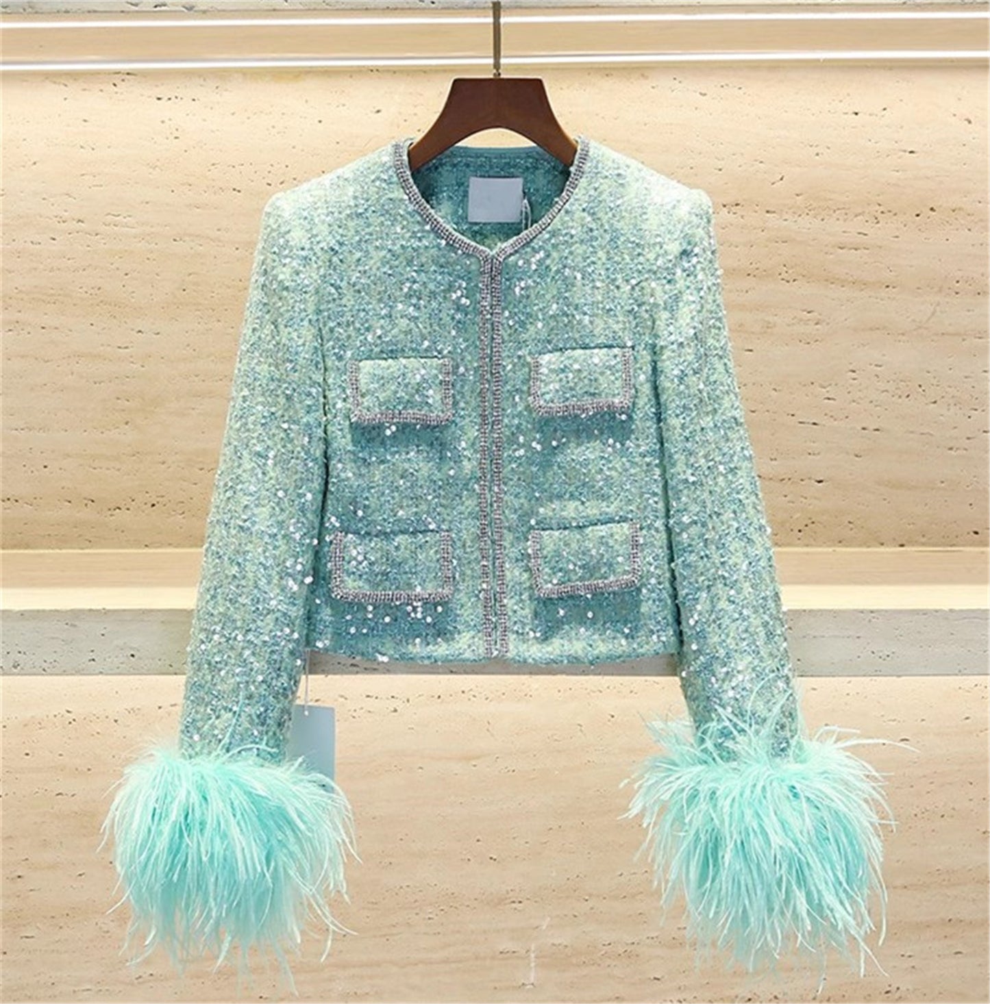 CE-12 Women's Shiny Diamond Studded Sequin Suit Jacket With Fluffy Ostrich Feather Trim Short Top