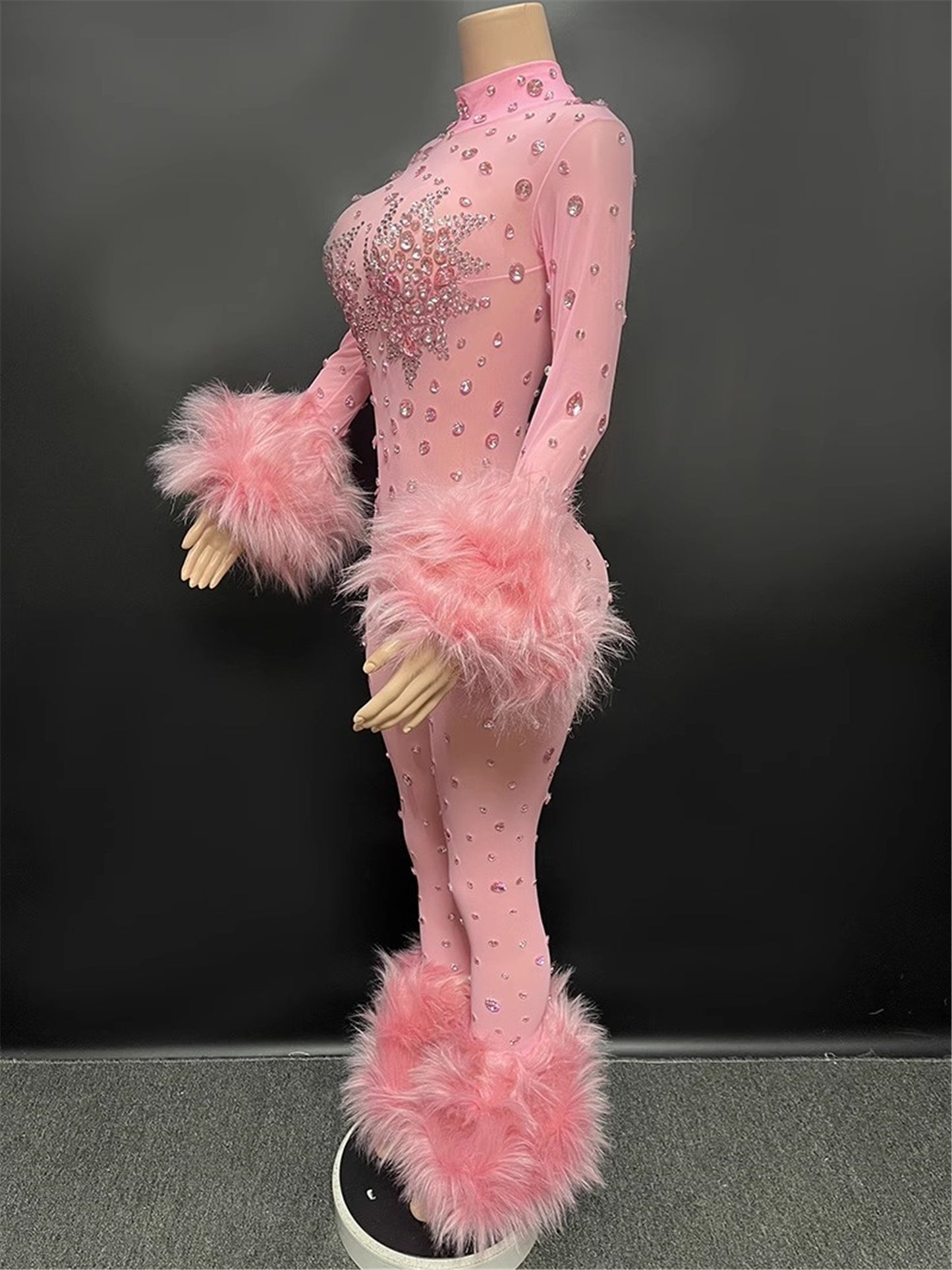 FURINFASHION HU-09 Luxury Sexy Slim Bodysuit Set With Rhinestone Real Fox Fur Trim Women Clothing One Piece Jumpsuit