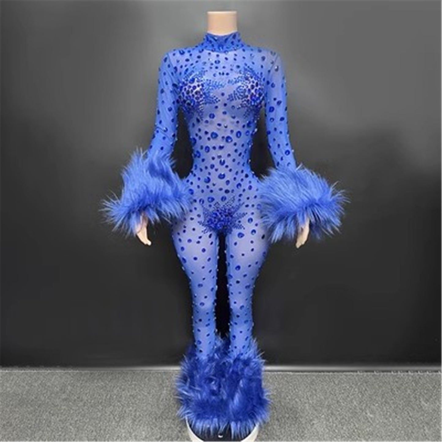 FURINFASHION HU-09 Luxury Sexy Slim Bodysuit Set With Rhinestone Real Fox Fur Trim Women Clothing One Piece Jumpsuit