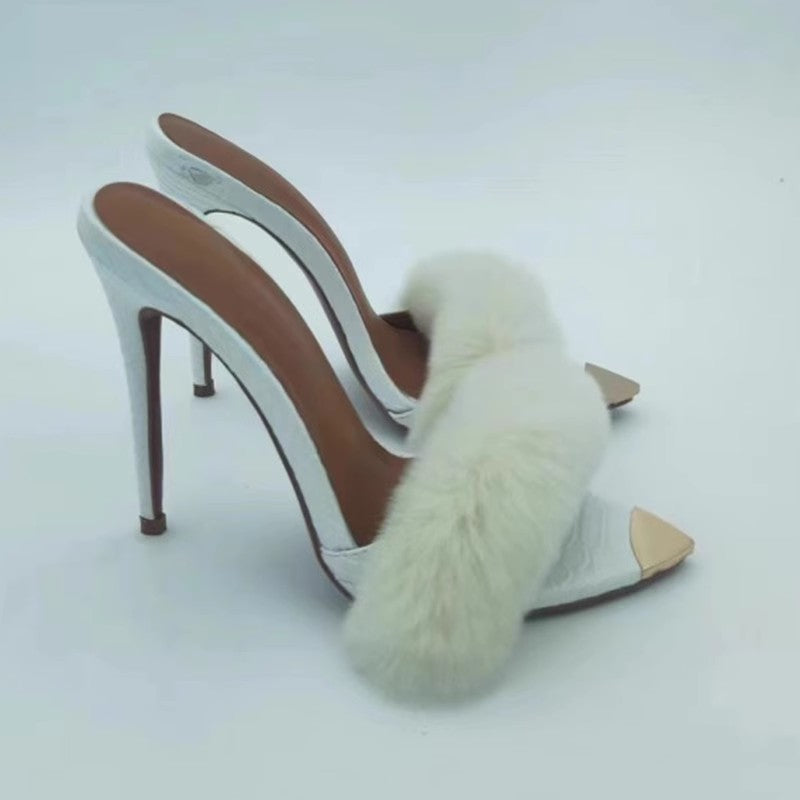 a01 Women's Furry Sexy High Heeled Sandals With Real Mink Fur Open Toe Luxury High Heels Stilettos