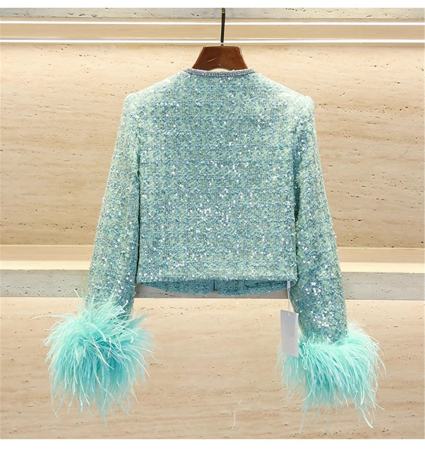 CE-12 Women's Shiny Diamond Studded Sequin Suit Jacket With Fluffy Ostrich Feather Trim Short Top