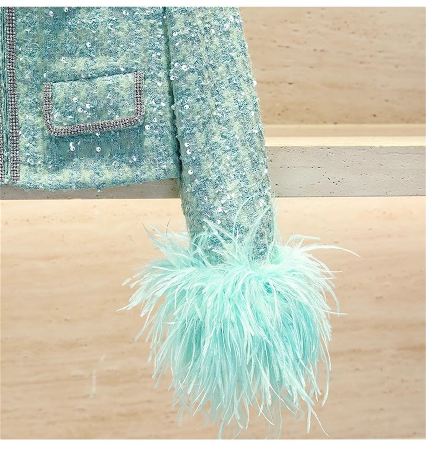 CE-12 Women's Shiny Diamond Studded Sequin Suit Jacket With Fluffy Ostrich Feather Trim Short Top