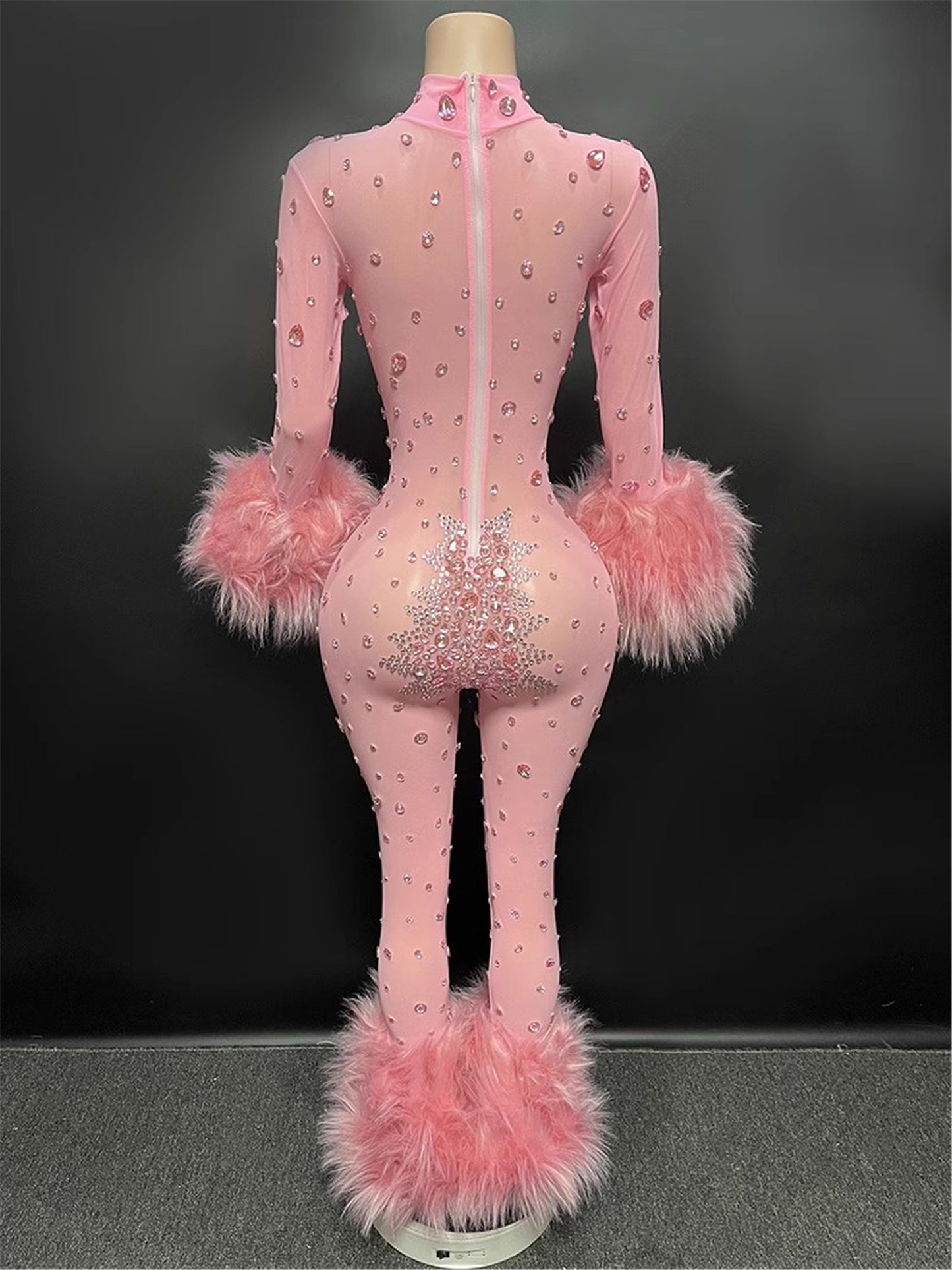 FURINFASHION HU-09 Luxury Sexy Slim Bodysuit Set With Rhinestone Real Fox Fur Trim Women Clothing One Piece Jumpsuit