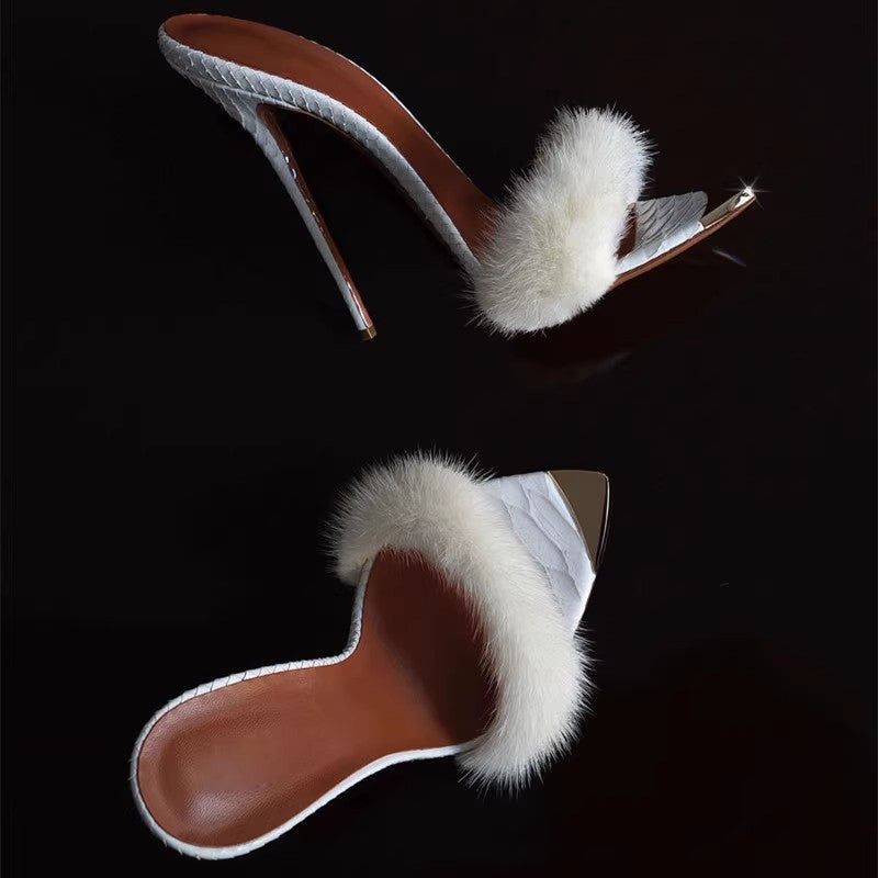 a01 Women's Furry Sexy High Heeled Sandals With Real Mink Fur Open Toe Luxury High Heels Stilettos