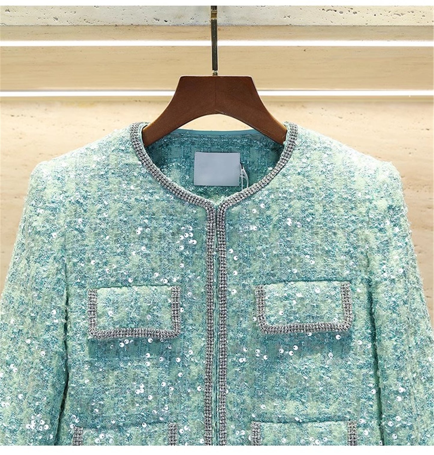 CE-12 Women's Shiny Diamond Studded Sequin Suit Jacket With Fluffy Ostrich Feather Trim Short Top