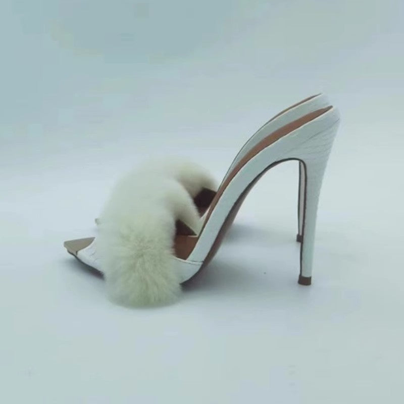 a01 Women's Furry Sexy High Heeled Sandals With Real Mink Fur Open Toe Luxury High Heels Stilettos