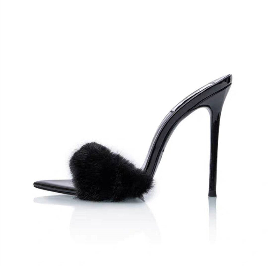 a01 Women's Furry Sexy High Heeled Sandals With Real Mink Fur Open Toe Luxury High Heels Stilettos