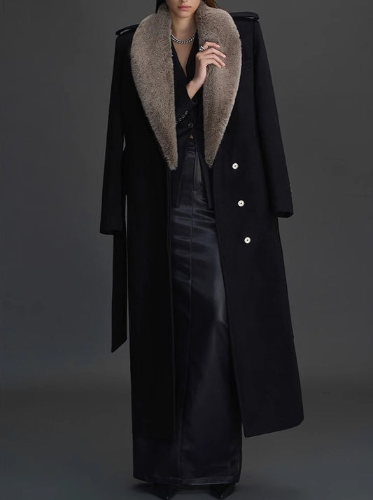 Women's Cashmere Slim Fit Coat With Smooth And Bright Real Mink Fur Collar Trim Long Jacket