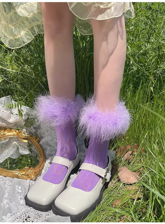 Women's Lace Length Socks With Fluffy Real Ostrich Feather Trim Colorful Sock