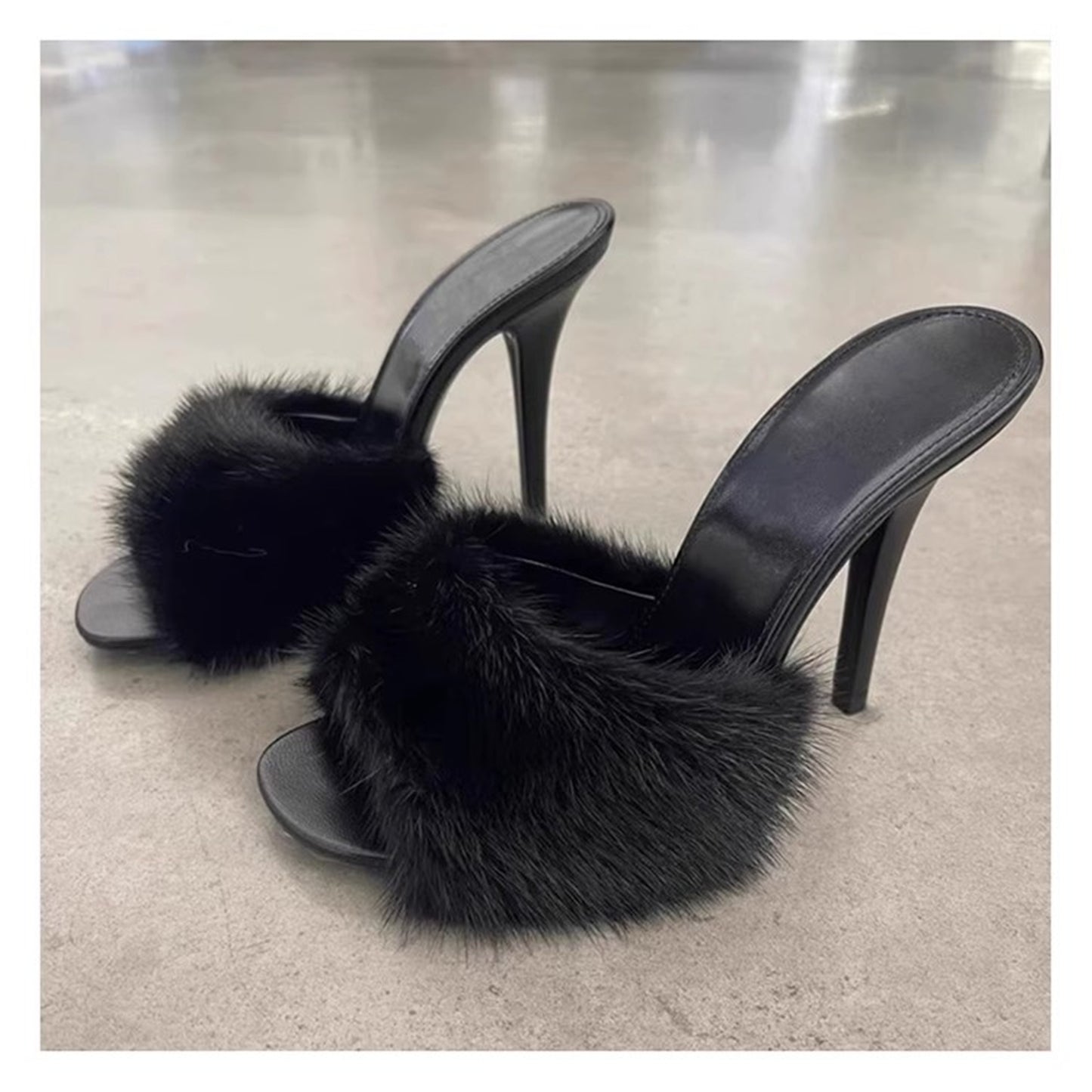 New High-Heeled Sandals Solid Color Matching Mink Fur Leather Fashion Heel Women's Slippers