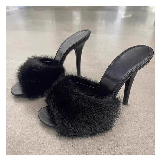 New High-Heeled Sandals Solid Color Matching Mink Fur Leather Fashion Heel Women's Slippers