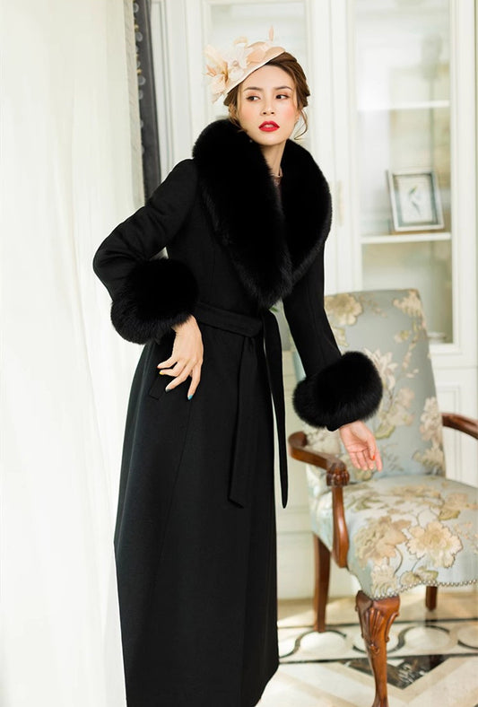 Cashmere Long Coat With Real Fox Fur Big Collar And Big Cuffs And Belt For Women Comfortable Soft Wool Garment Long Jacket Fluffy Coats