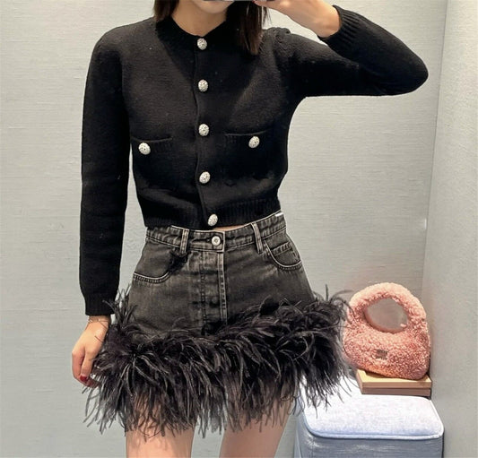 FURINFASHION HU-06 Black Long Sleeved Short Jacket Knit Sweater And Pure Desire Style Low Waisted Real Ostrich Fur Women's Denim Short Skirt