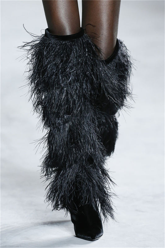 Women's Spring Autumn High-Heeled Knee High Boot With Fluffy Real Ostrich Feather Fashion Boots