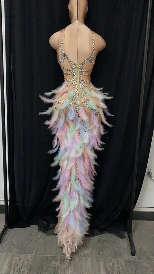 FURINFASHION HU-08 New True Color Ostrich Feather Water Diamond Elastic Wrapped Hip Long Dress Evening Dress Stage Adult Performance Dress