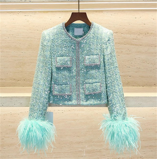 CE-12 Women's Shiny Diamond Studded Sequin Suit Jacket With Fluffy Ostrich Feather Trim Short Top