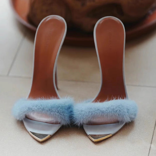 a01 Women's Furry Sexy High Heeled Sandals With Real Mink Fur Open Toe Luxury High Heels Stilettos