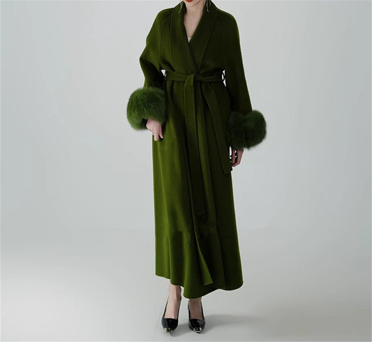 X-03 Cashmere Long Coat With Real Fox Fur Big Cuffs And Belt For Women Comfortable Soft Wool Garment Long Jacket